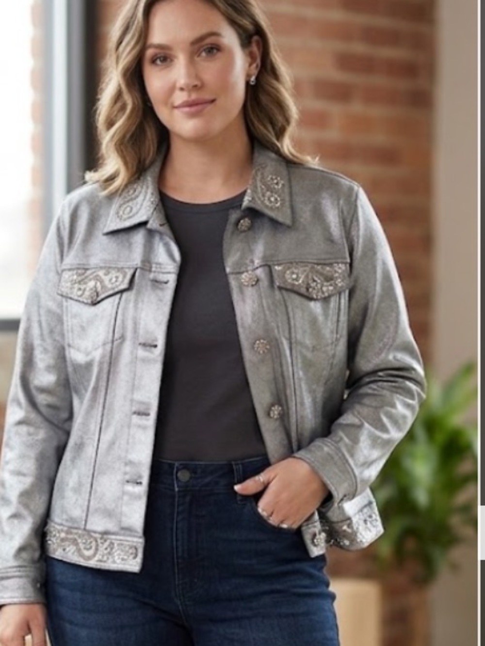 Vintage Metallic Silver Rhinestone & Beaded Denim Jacket Size M